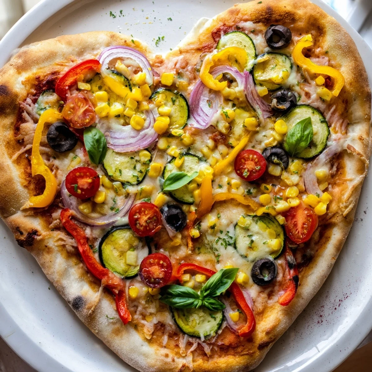 Sliced Heart Shaped Vegetable Pizza on a wooden board, garnished with fresh basil, perfect for a festive dinner.