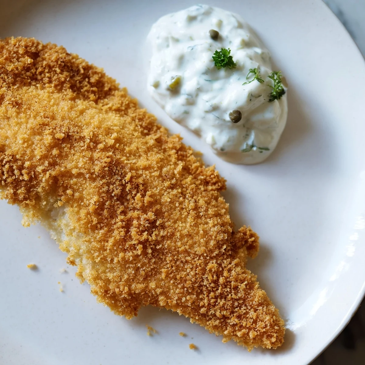 A close-up of golden fried Fish Fry with Tartar Sauce highlights crunchy breading and a vibrant, zesty tartar sauce with pickles.  