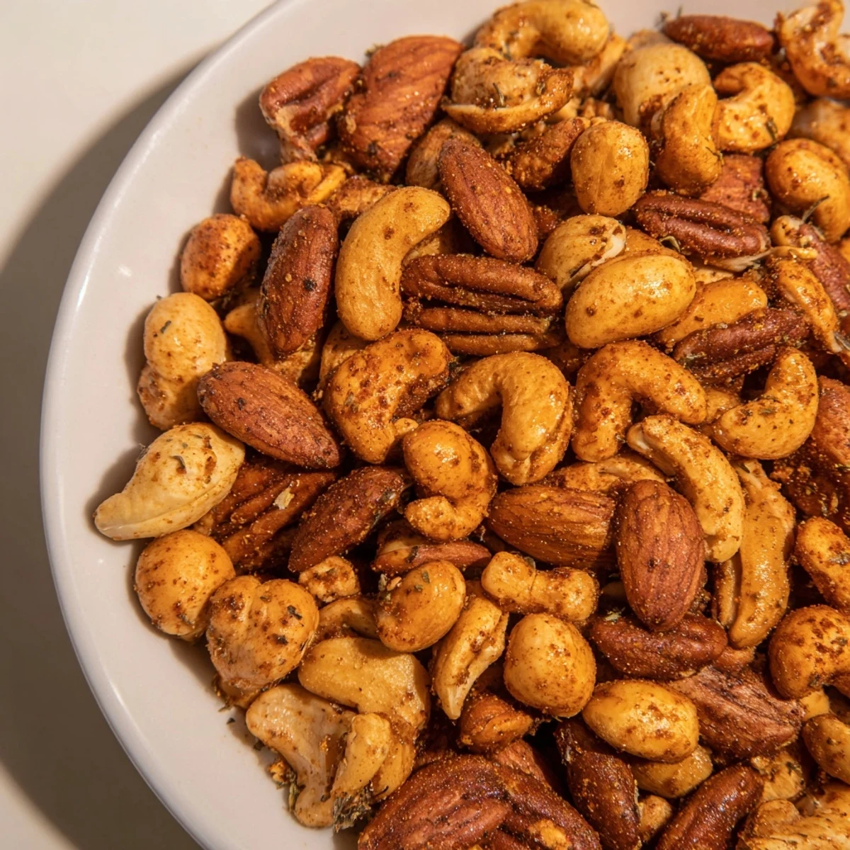 Golden-brown Spicy Nuts Mix with Cajun Seasoning glistening with oil and spices on a rustic wooden board.