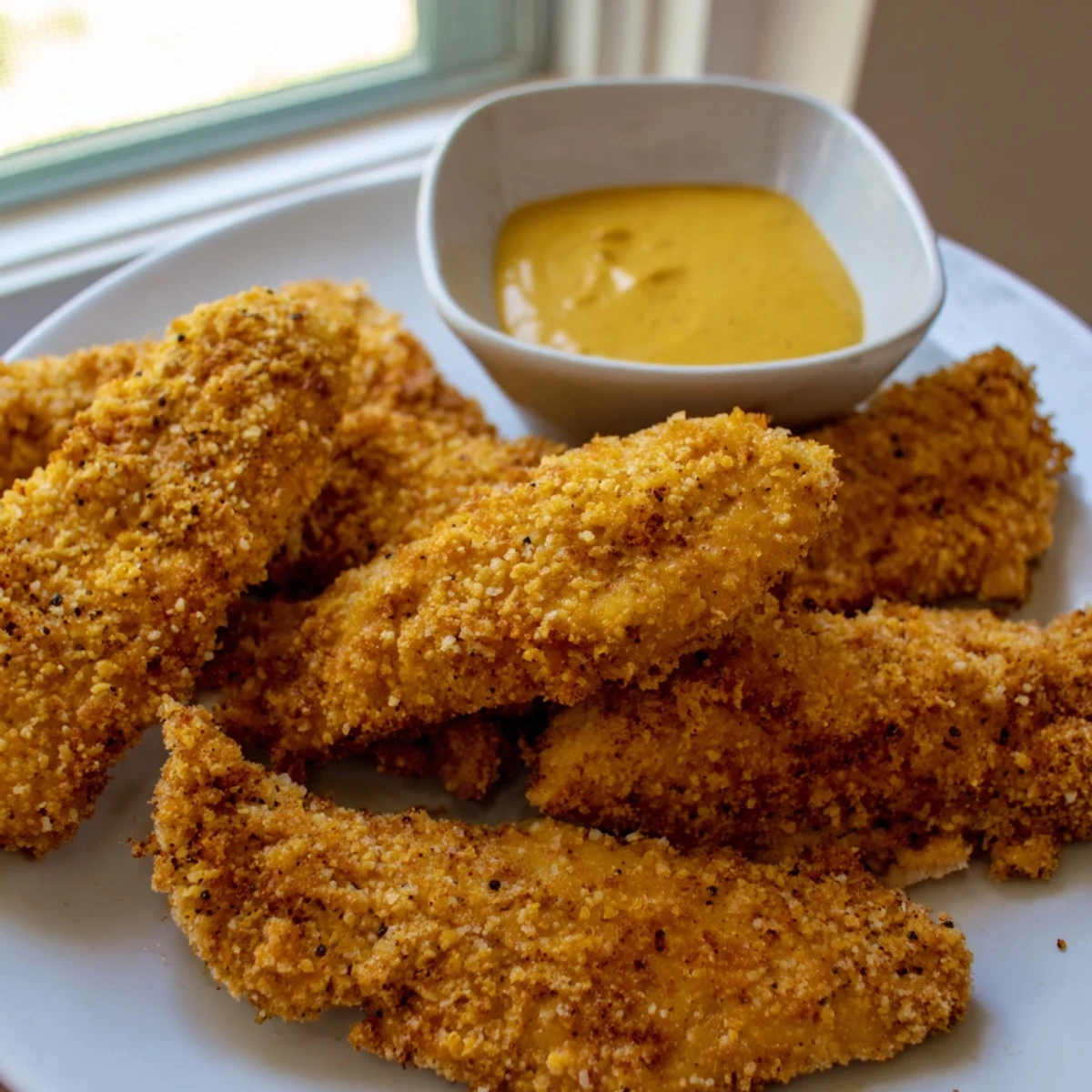 Crispy baked Chicken Tenders with Honey Mustard on a plate, garnished with parsley, served with a side of dipping sauce.