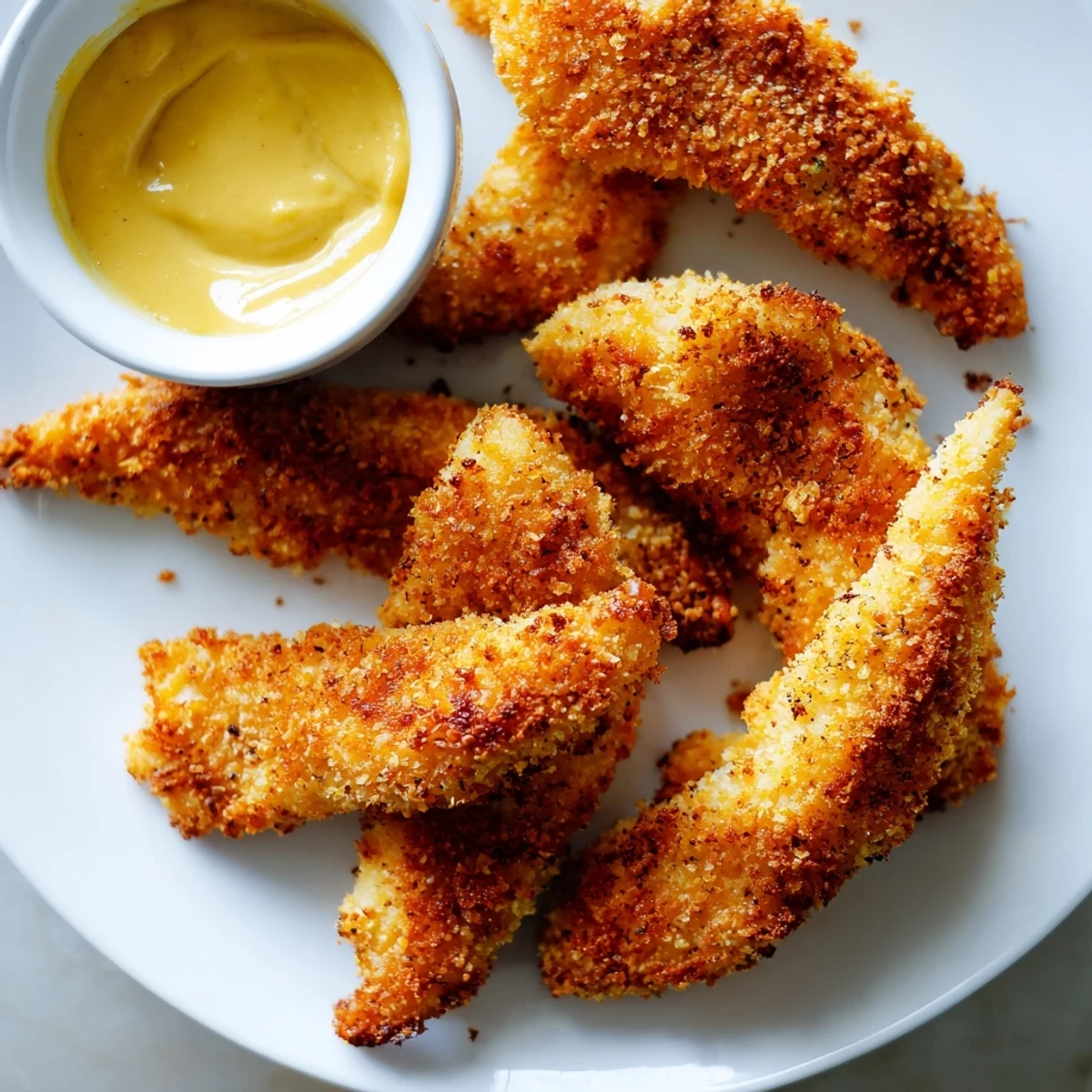 Freshly cooked Chicken Tenders with Honey Mustard, featuring a crunchy breadcrumb coating and a creamy, sweet-and-tangy dipping sauce.