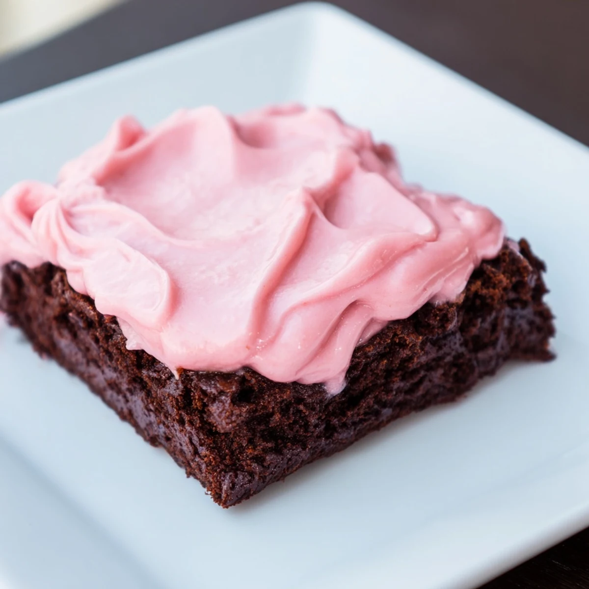 Brownies with pink frosting sit on a white plate, next to a glass of milk for serving.