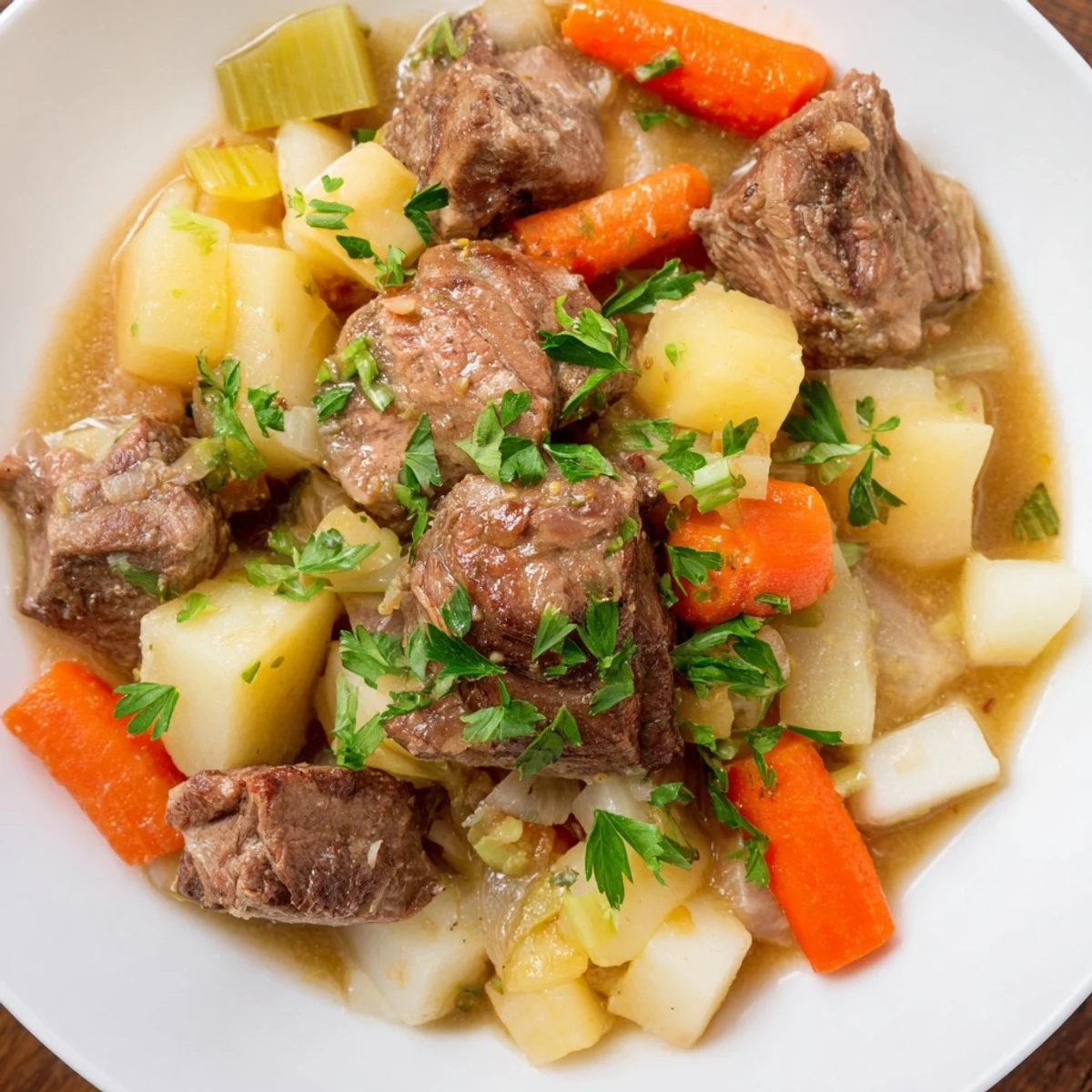A hearty bowl of Lamb Stew with Root Vegetables, featuring tender lamb, carrots, and potatoes in a rich, savory broth.