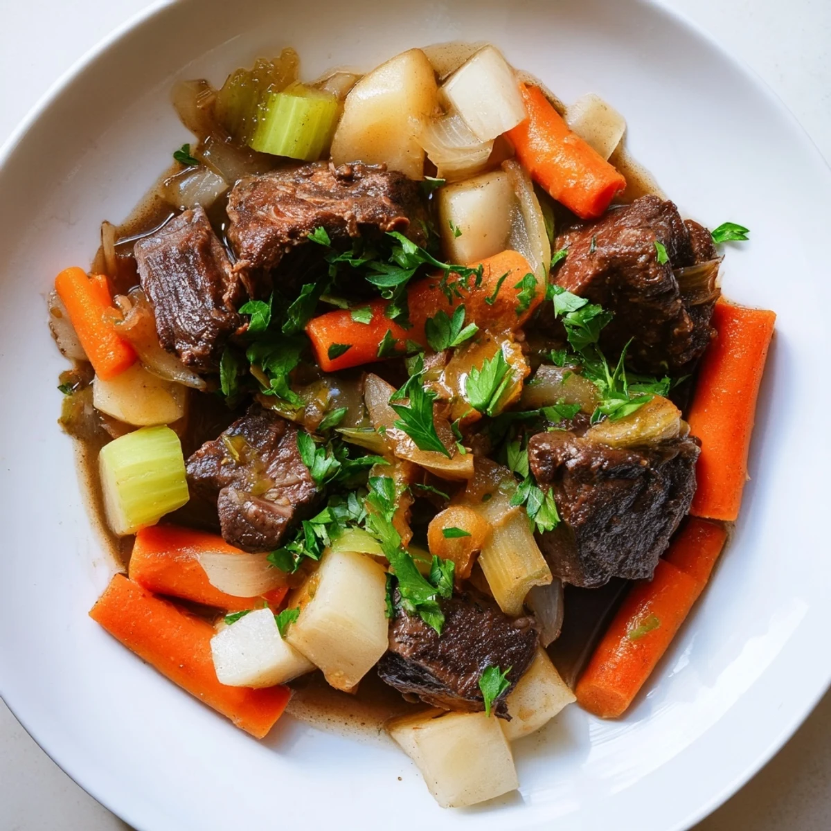 Steaming Lamb Stew with Root Vegetables in a rustic Dutch oven, garnished with fresh parsley and served alongside crusty artisan bread.