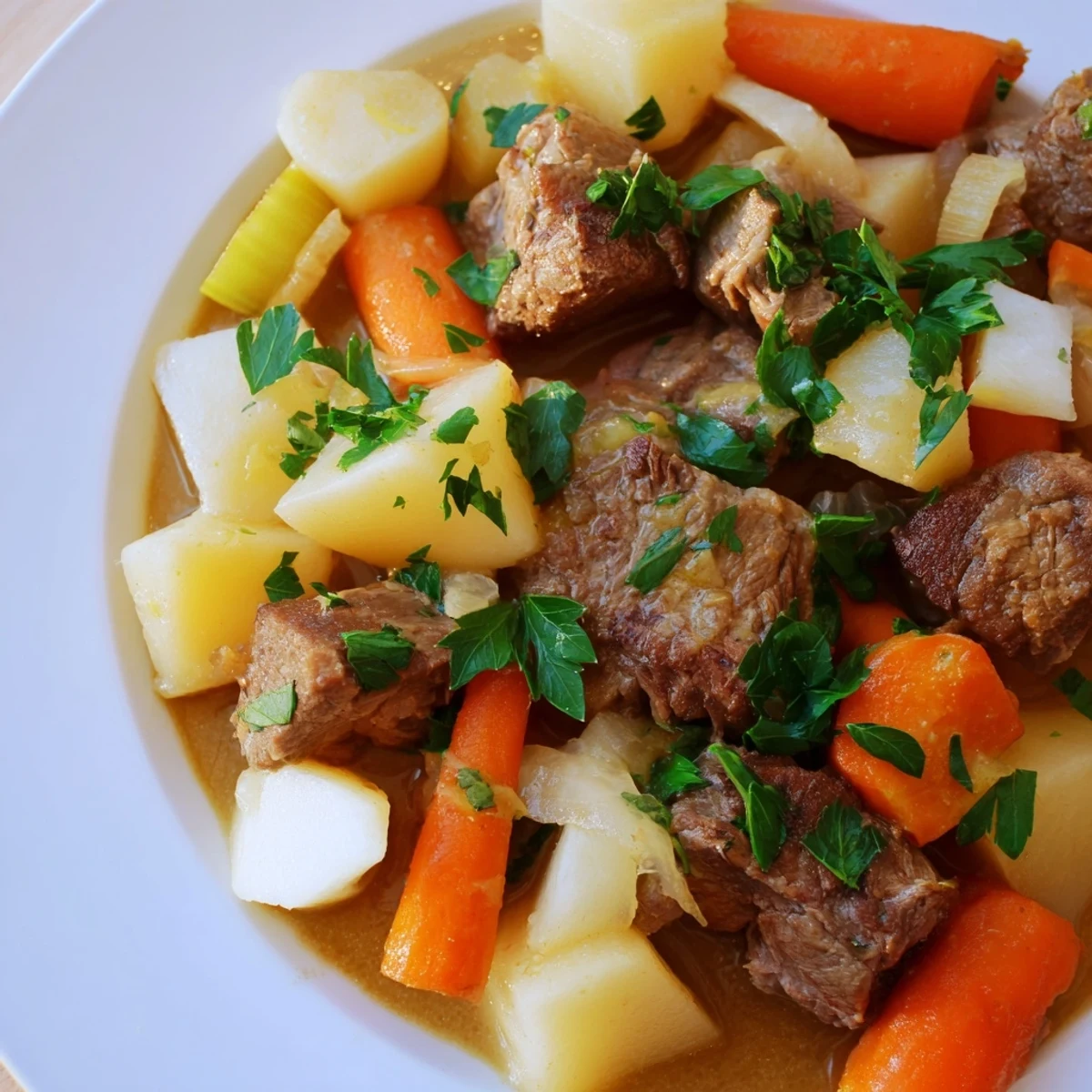 Close-up view of Lamb Stew with Root Vegetables, showing chunky lamb, parsnips, and turnips simmering in an aromatic, herb-infused gravy.