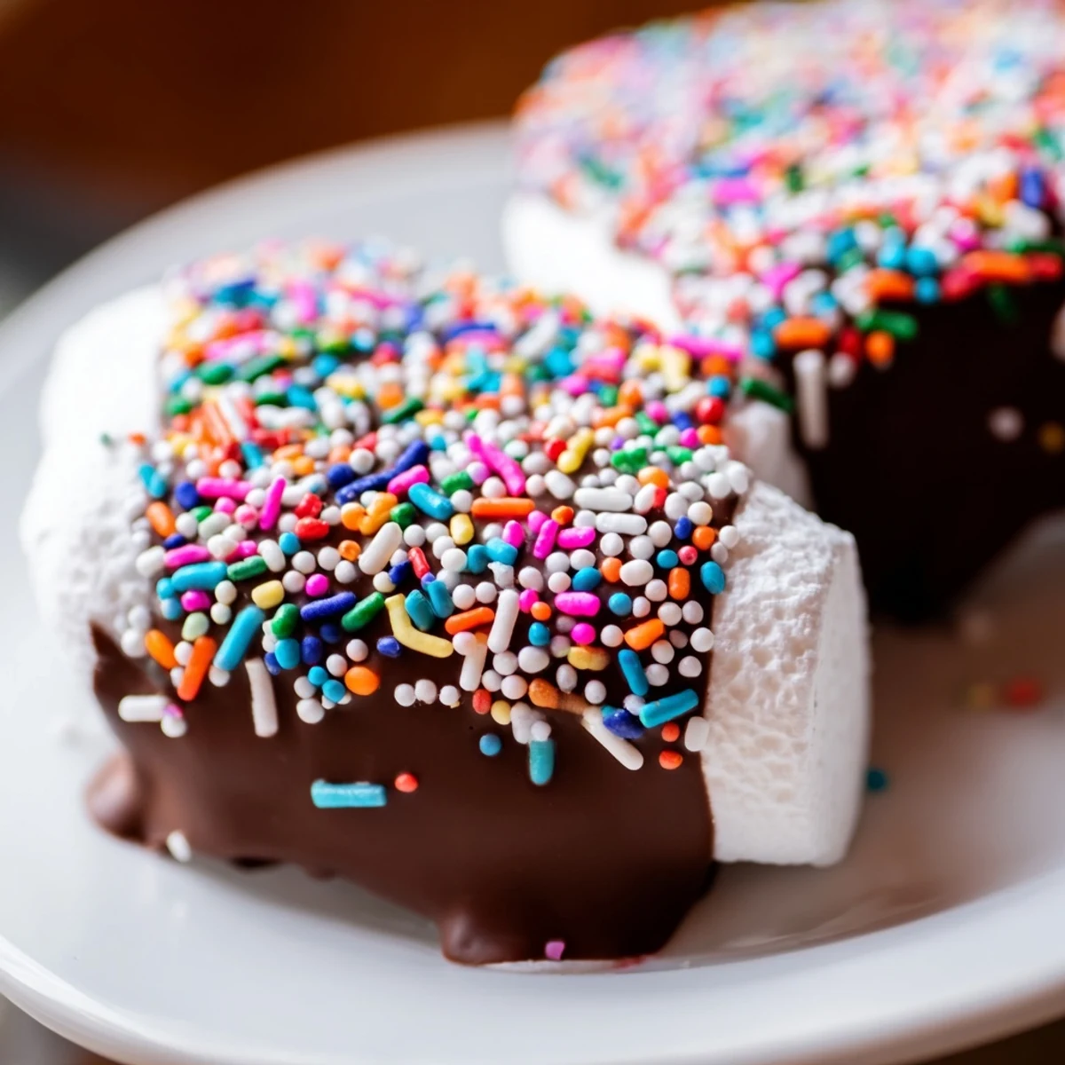 Fluffy white marshmallows dipped in glossy dark chocolate and topped with rainbow sprinkles on a parchment-lined baking sheet.