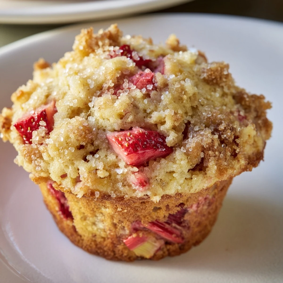 Freshly baked Strawberry Rhubarb Muffins with a sugary crust, nestled in a muffin tin.