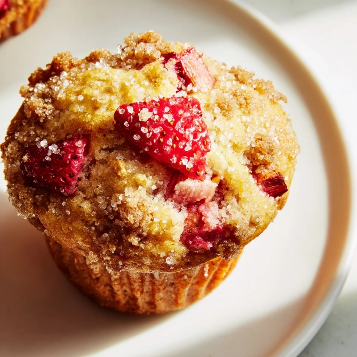 Golden brown Strawberry Rhubarb Muffins with crumbly tops, ready for a sweet breakfast treat.