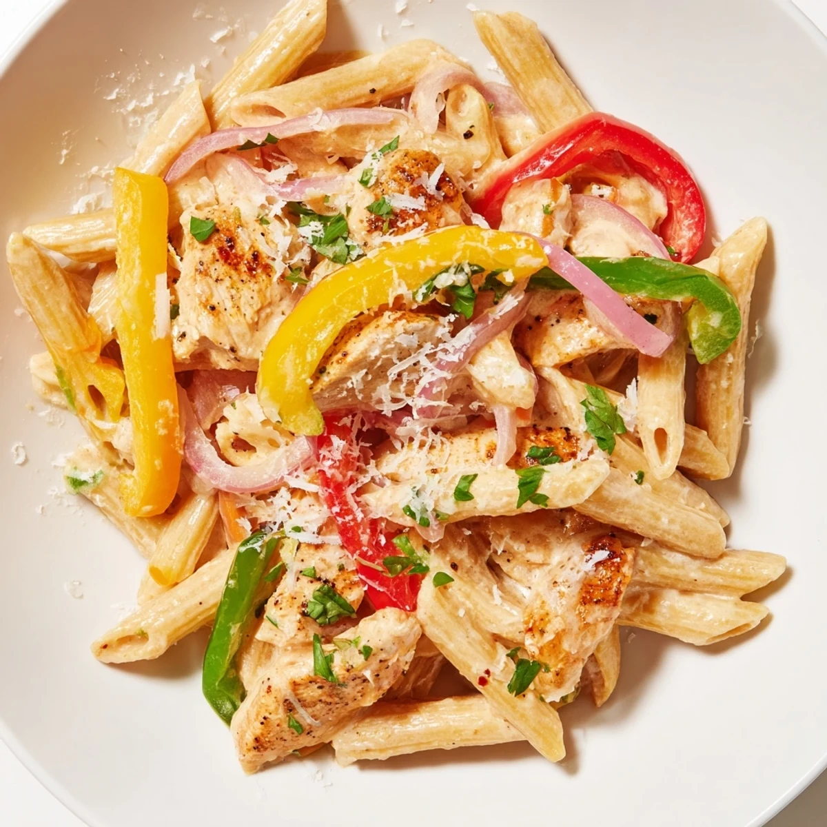 Cajun Chicken Pasta with Peppers showcases creamy sauce, colorful bell peppers, and tender seasoned chicken in a skillet.