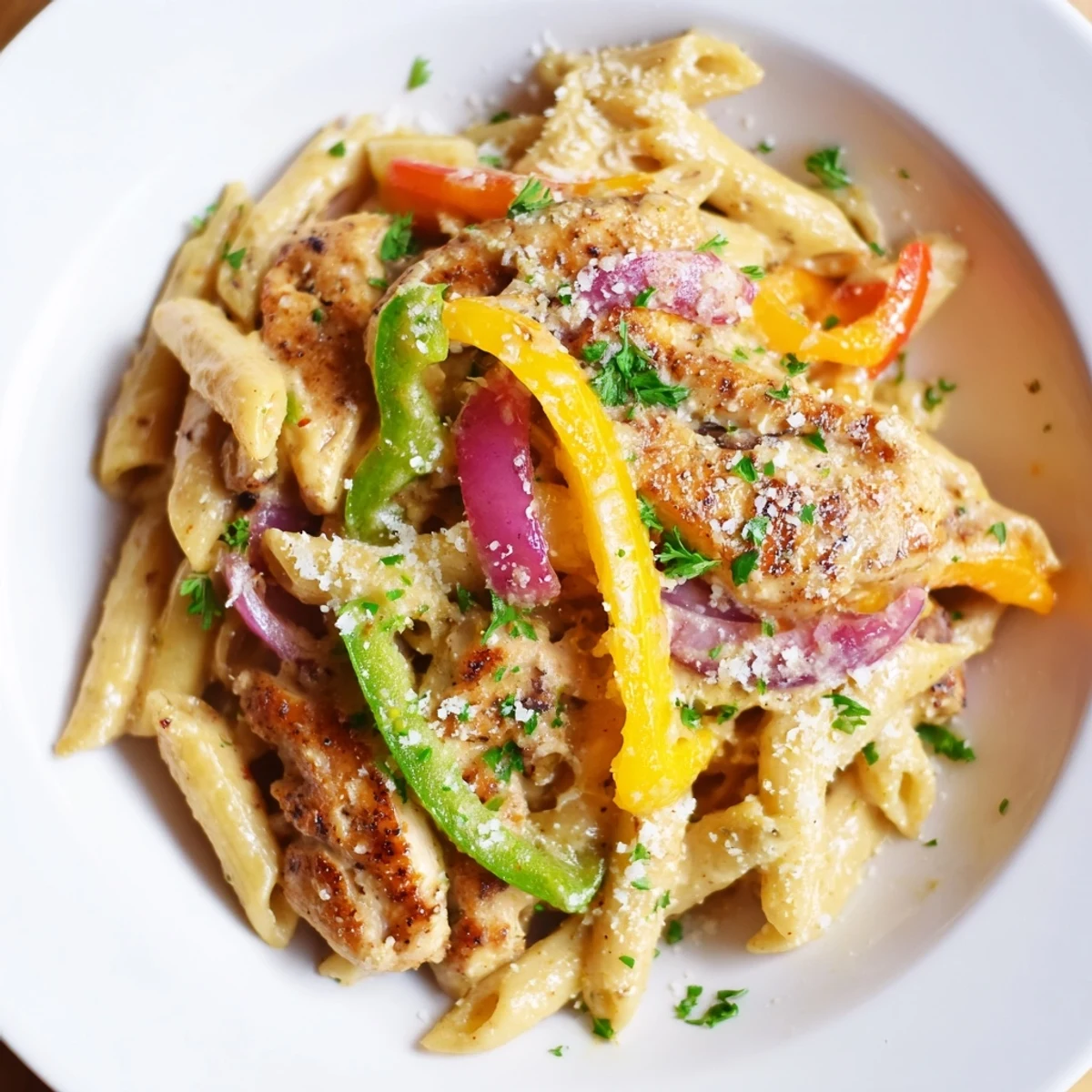 A steaming plate of Cajun Chicken Pasta with Peppers, garnished with parsley and Parmesan for a vibrant weeknight dinner.