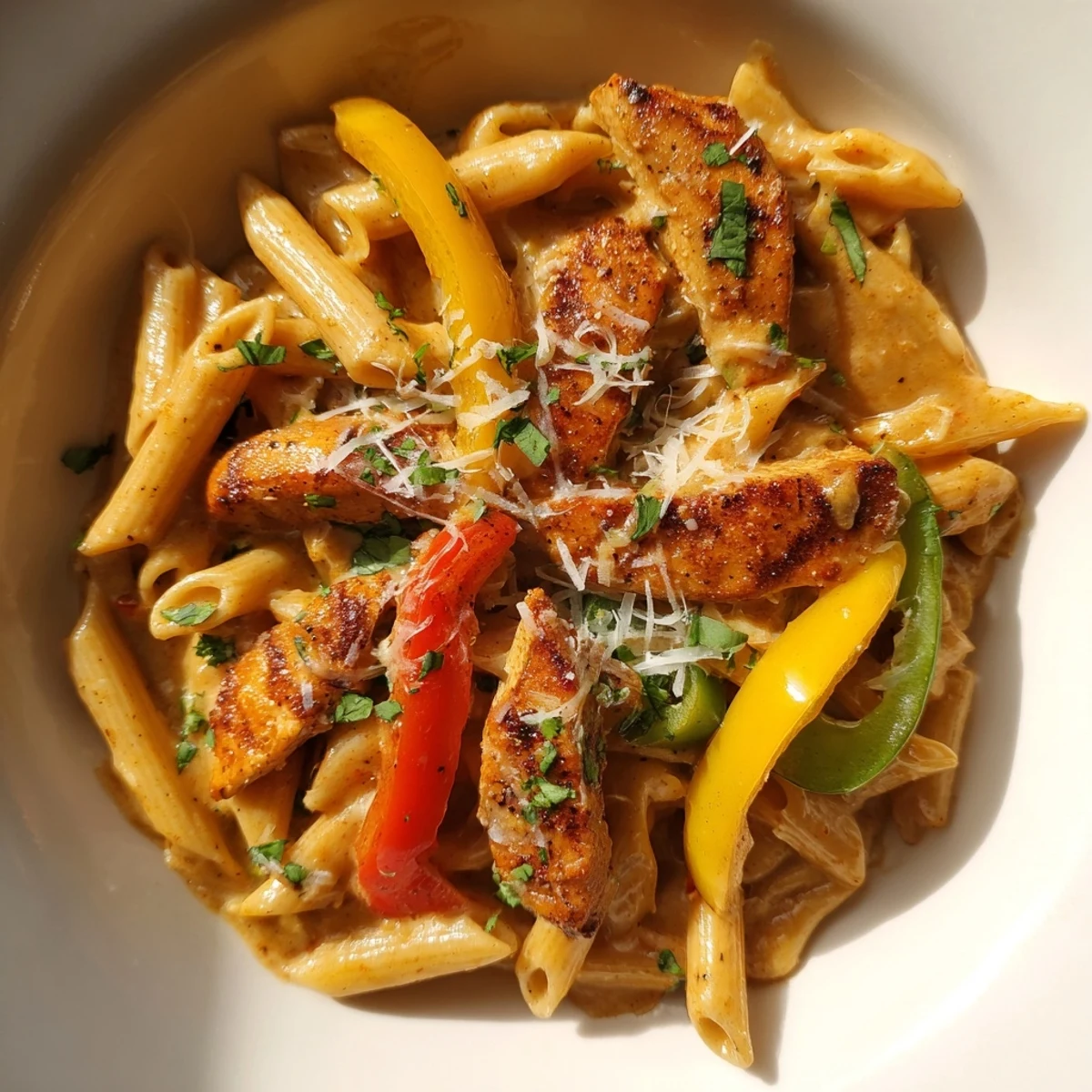 Steam rises from creamy Cajun Chicken Pasta with Peppers, featuring golden chicken strips and colorful bell peppers on a rustic table.