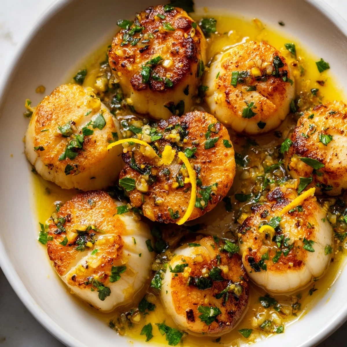 Golden-brown Lemon Garlic Scallops in a bright lemon-garlic butter sauce, served alongside creamy risotto.