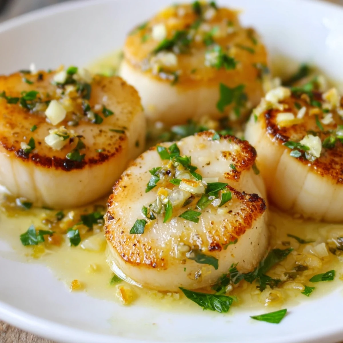 Perfectly seared Lemon Garlic Scallops in a skillet with a glossy butter sauce, ready to be served.