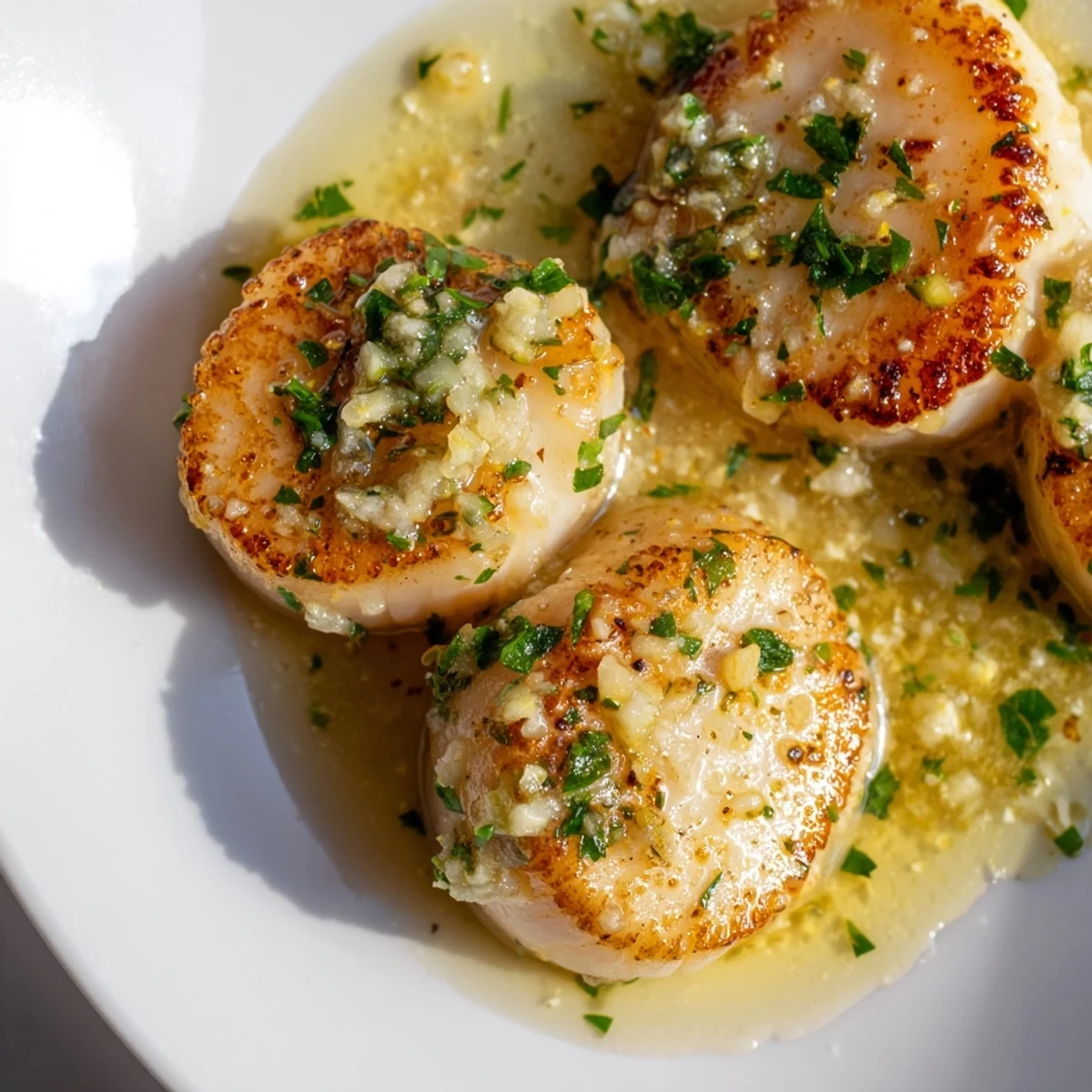 Pan-seared Lemon Garlic Scallops resting in a rich sauce, garnished with fresh parsley and lemon wedges.