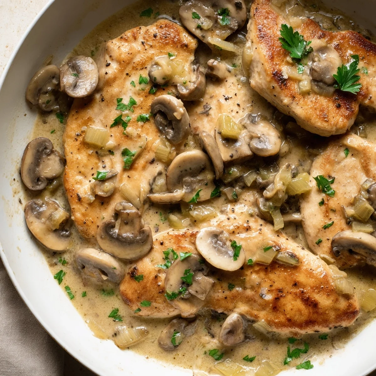 Pan-seared chicken breasts covered in a velvety cremini mushroom sauce, ready to serve over mashed potatoes.