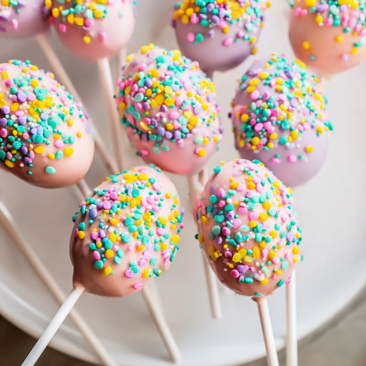 Vibrant pastel Easter Egg Cake Pops stand on a wooden surface, showcasing glossy chocolate coating and festive sprinkles for spring celebrations.