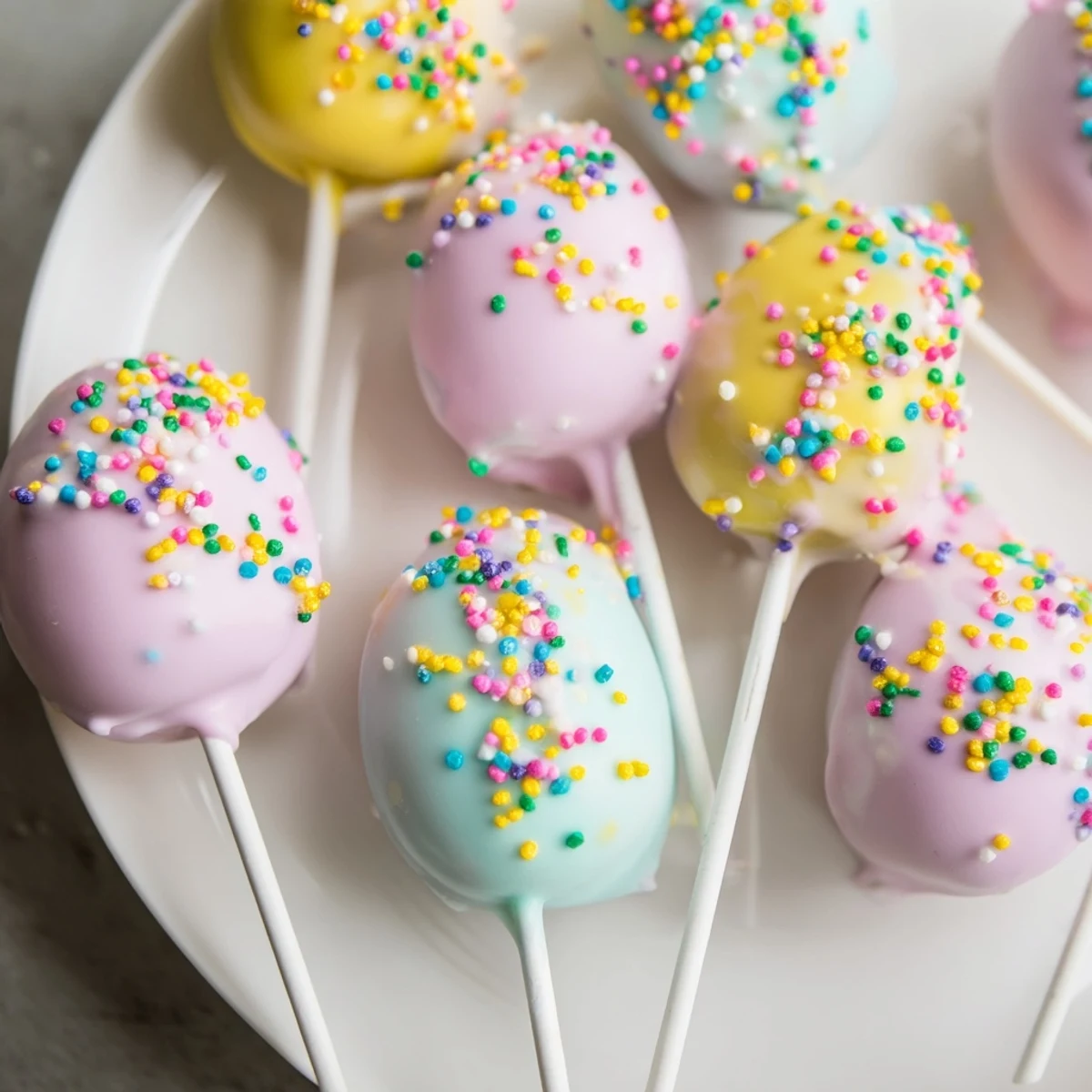 Four Easter Egg Cake Pops in assorted pastel colors, decorated with sugar sparkles and striped lollipop sticks, ready for a festive dessert tray.