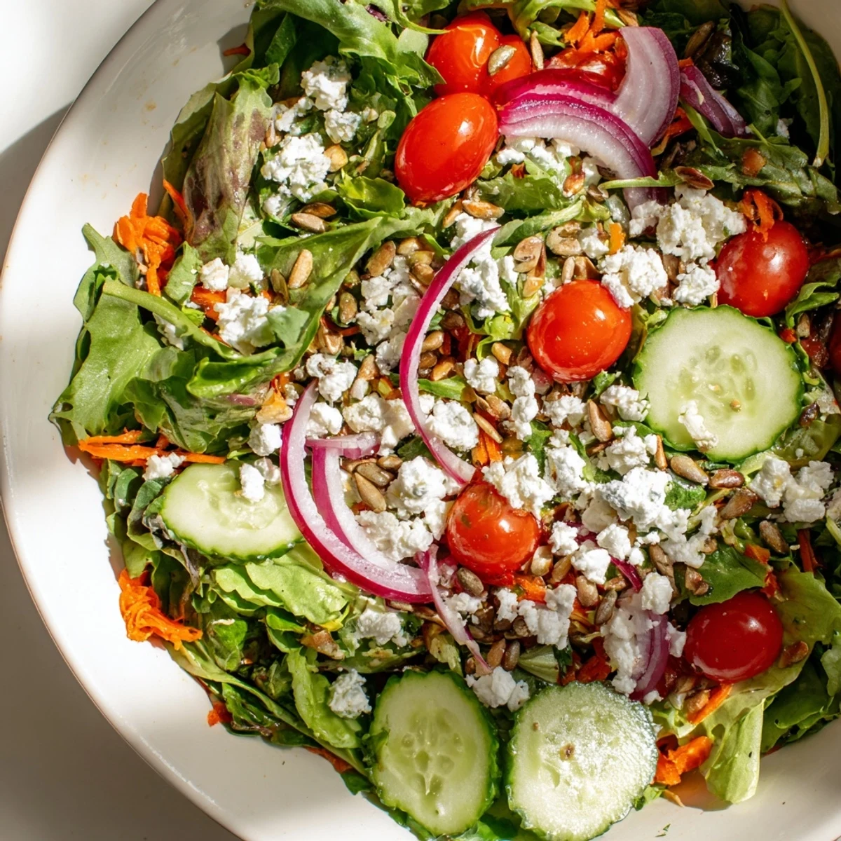 Fresh Spring Mix Salad with Vinaigrette tossed with cherry tomatoes, cucumber, and crumbled feta cheese.
