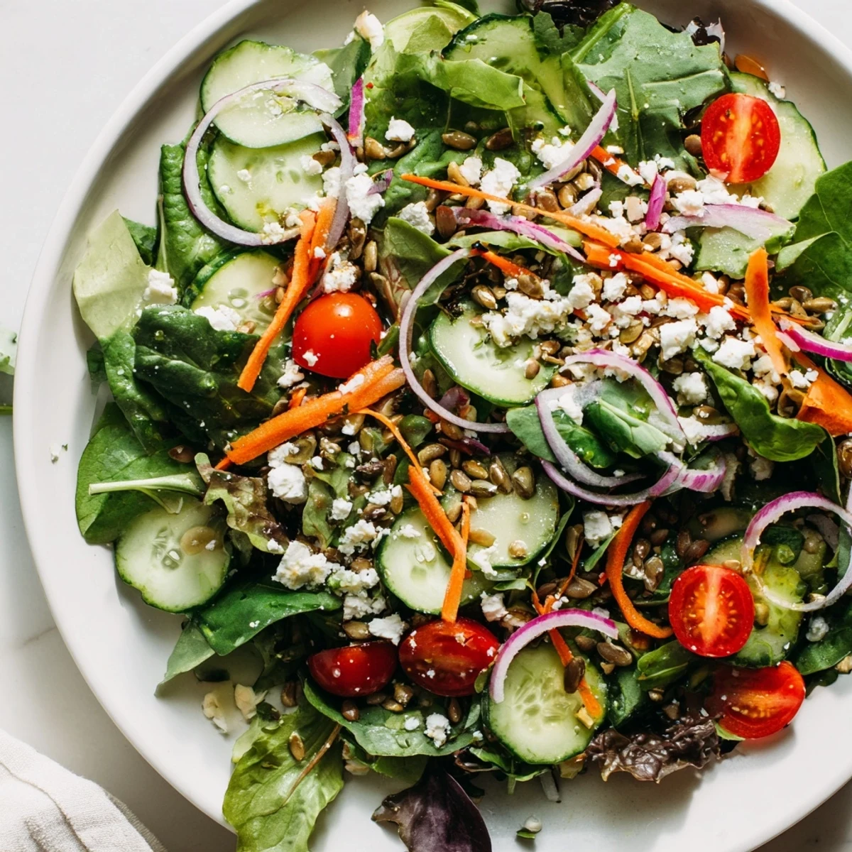 A light Spring Mix Salad with Vinaigrette, topped with sunflower seeds and ready to serve.