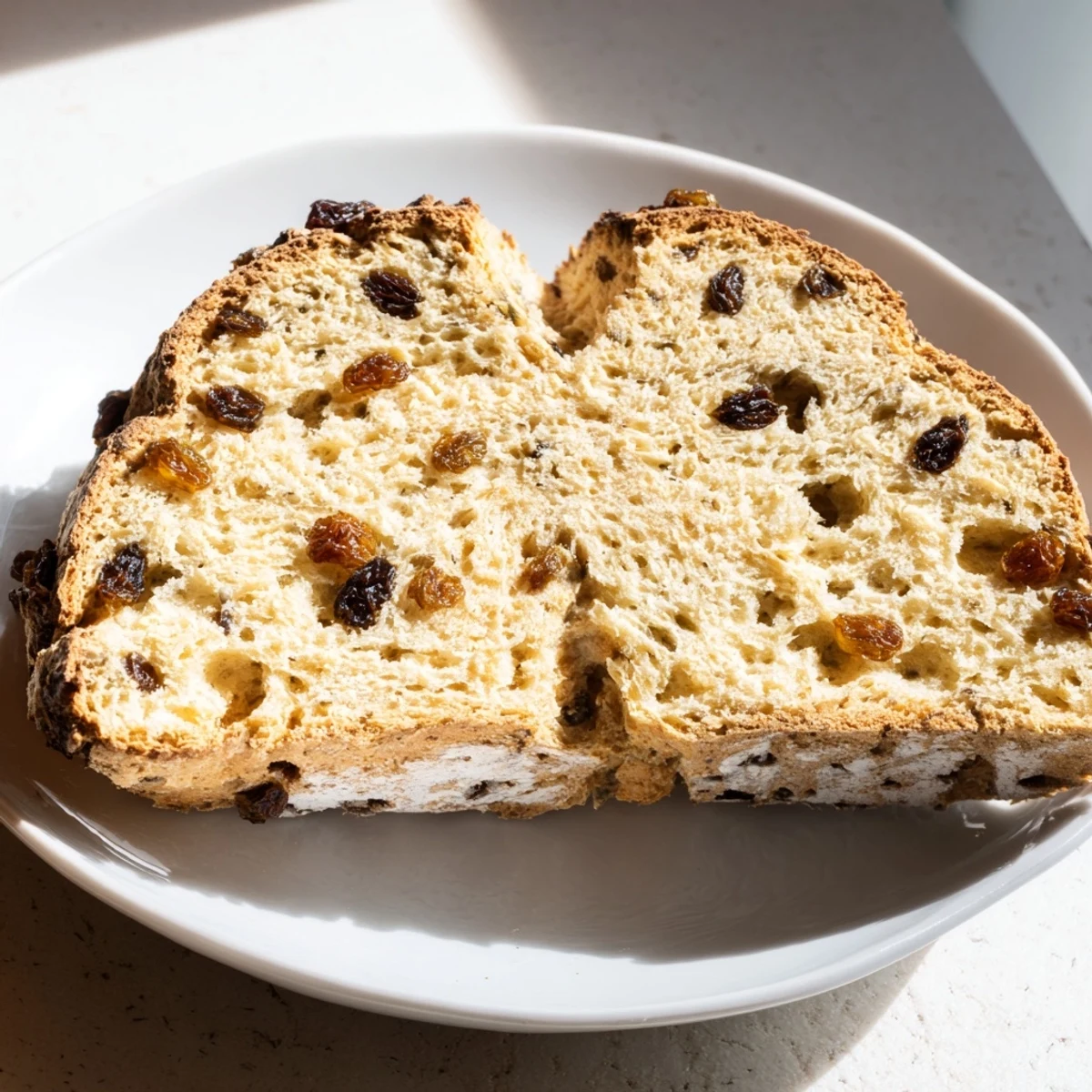 A rustic golden round of Irish Soda Bread with Caraway, speckled with aromatic seeds and sliced to show its tender, slightly crumbly interior crumb.