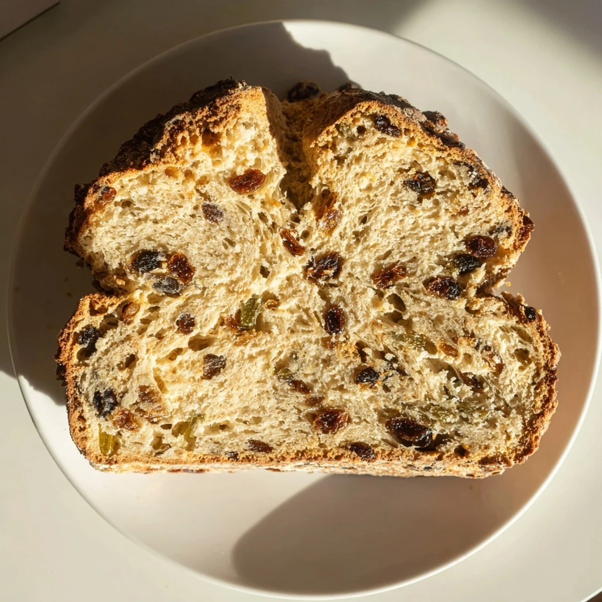 Freshly baked Irish Soda Bread with Caraway rests on a wooden board, ready for a smear of butter and a drizzle of honey on top.