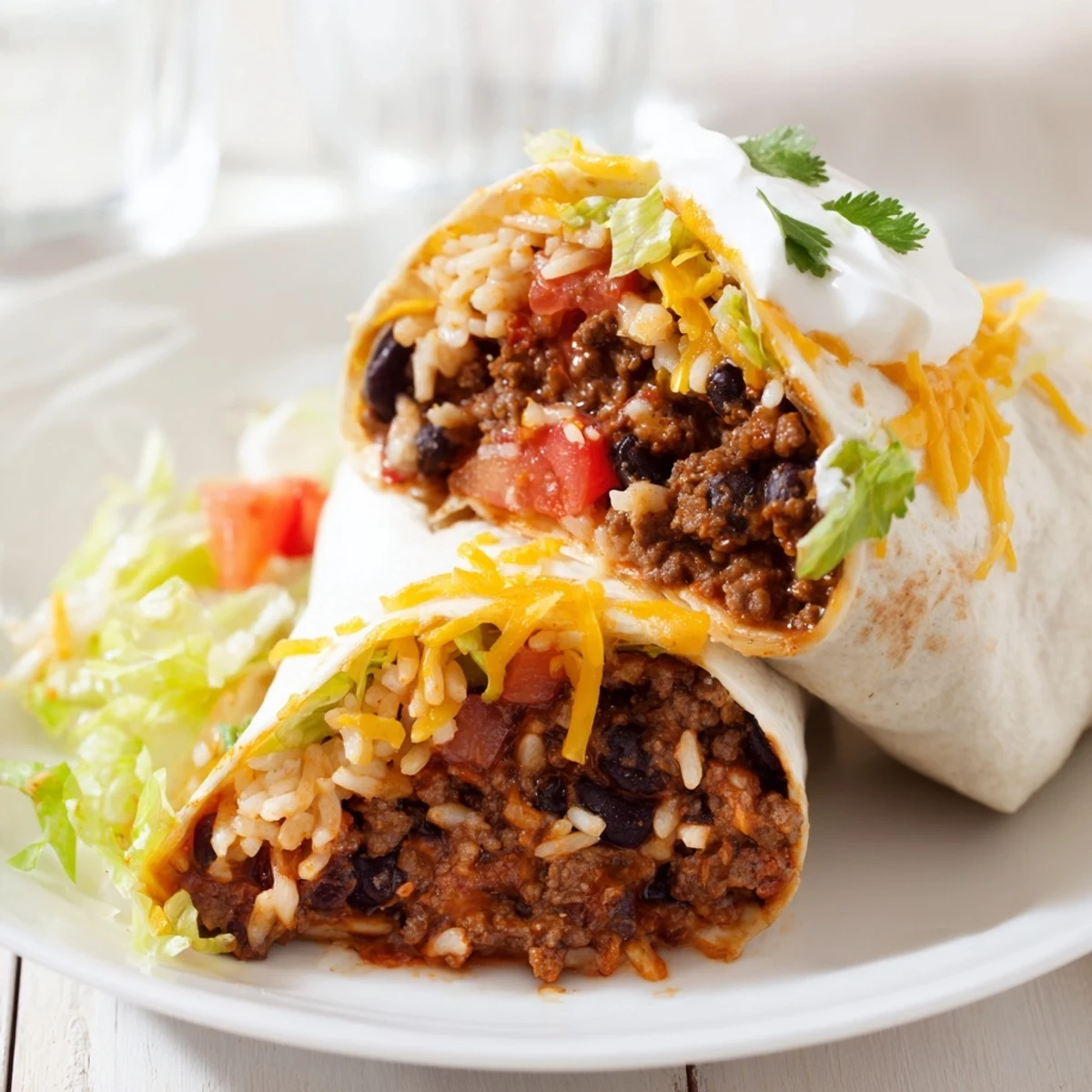 A close-up view of a hearty Beef Burrito with Beans and Rice, garnished with cilantro and a dollop of sour cream on the side.  