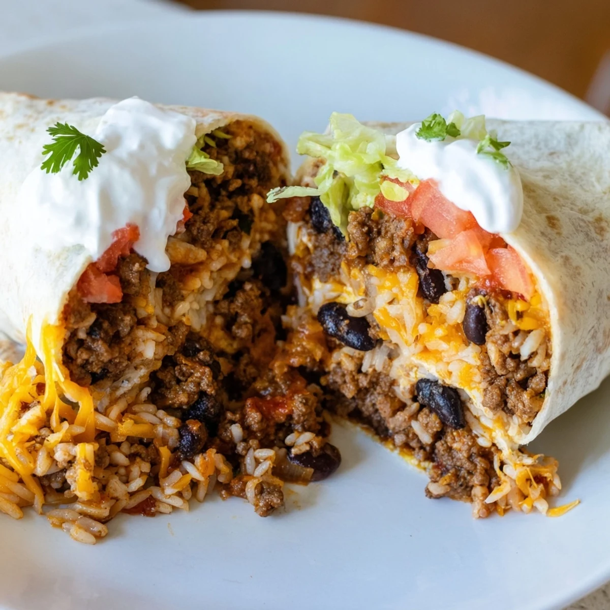 Warm, freshly rolled Beef Burrito with Beans and Rice, revealing layers of savory filling and vibrant toppings against a rustic kitchen backdrop.