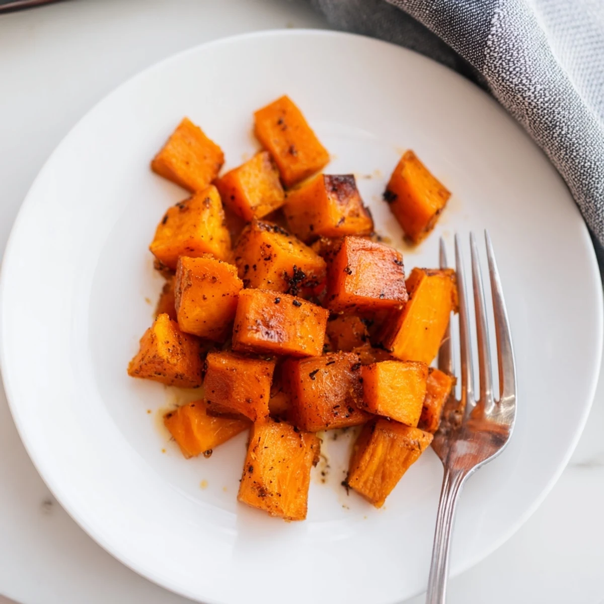 Freshly roasted sweet potato cubes glazed with cinnamon and olive oil, glistening on a baking sheet for a cozy side dish.  