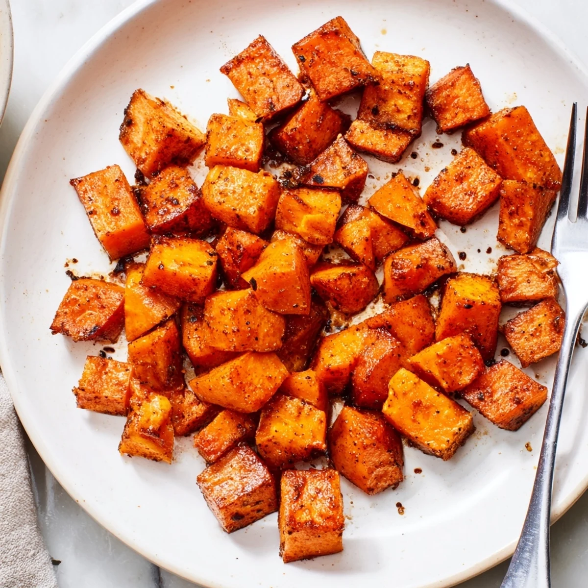 Caramelized roasted sweet potatoes with a hint of cinnamon, perfectly paired with grilled chicken or pork for dinner.