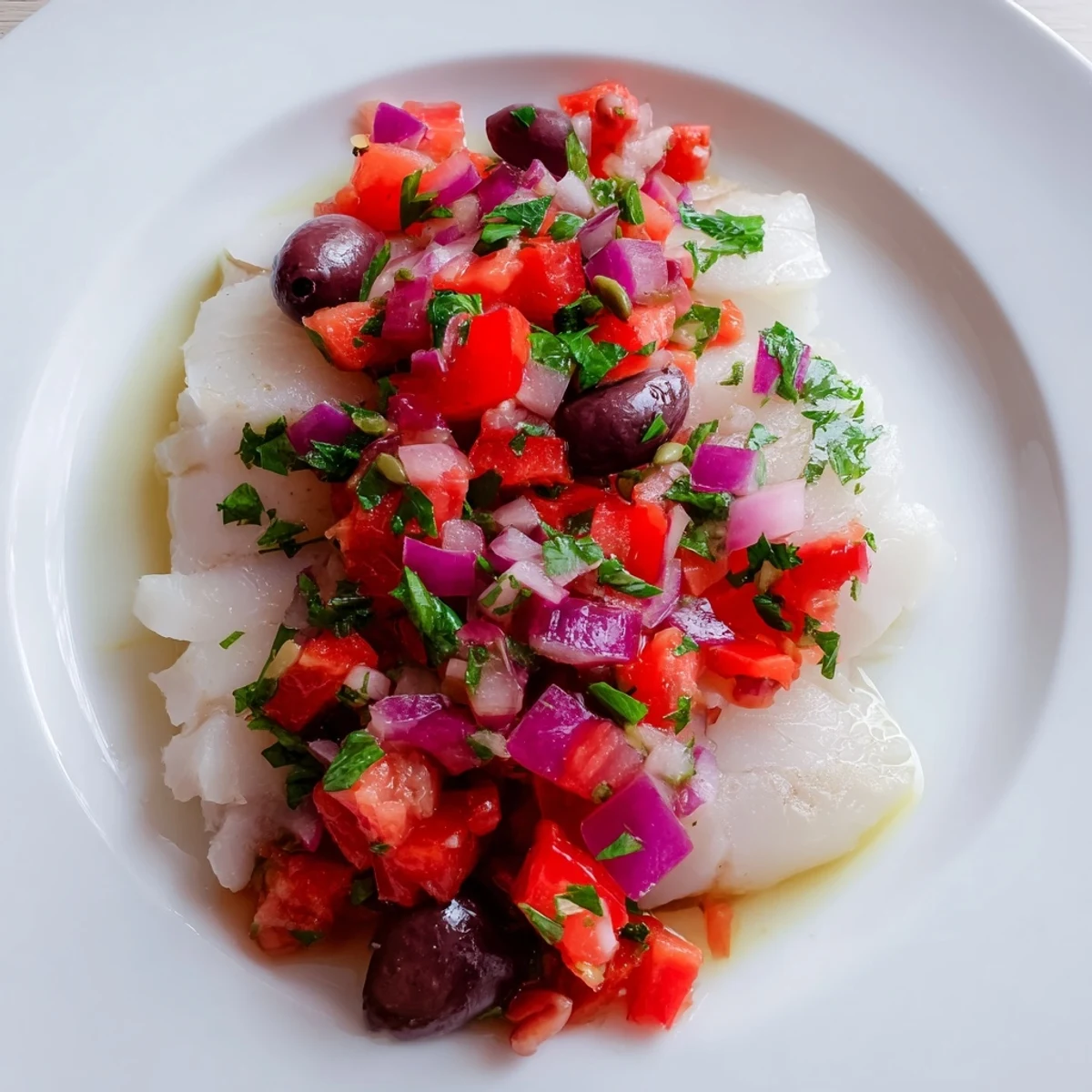 Flaky cod fillets baked to perfection, garnished with fresh parsley and a Mediterranean-style tomato olive salsa.