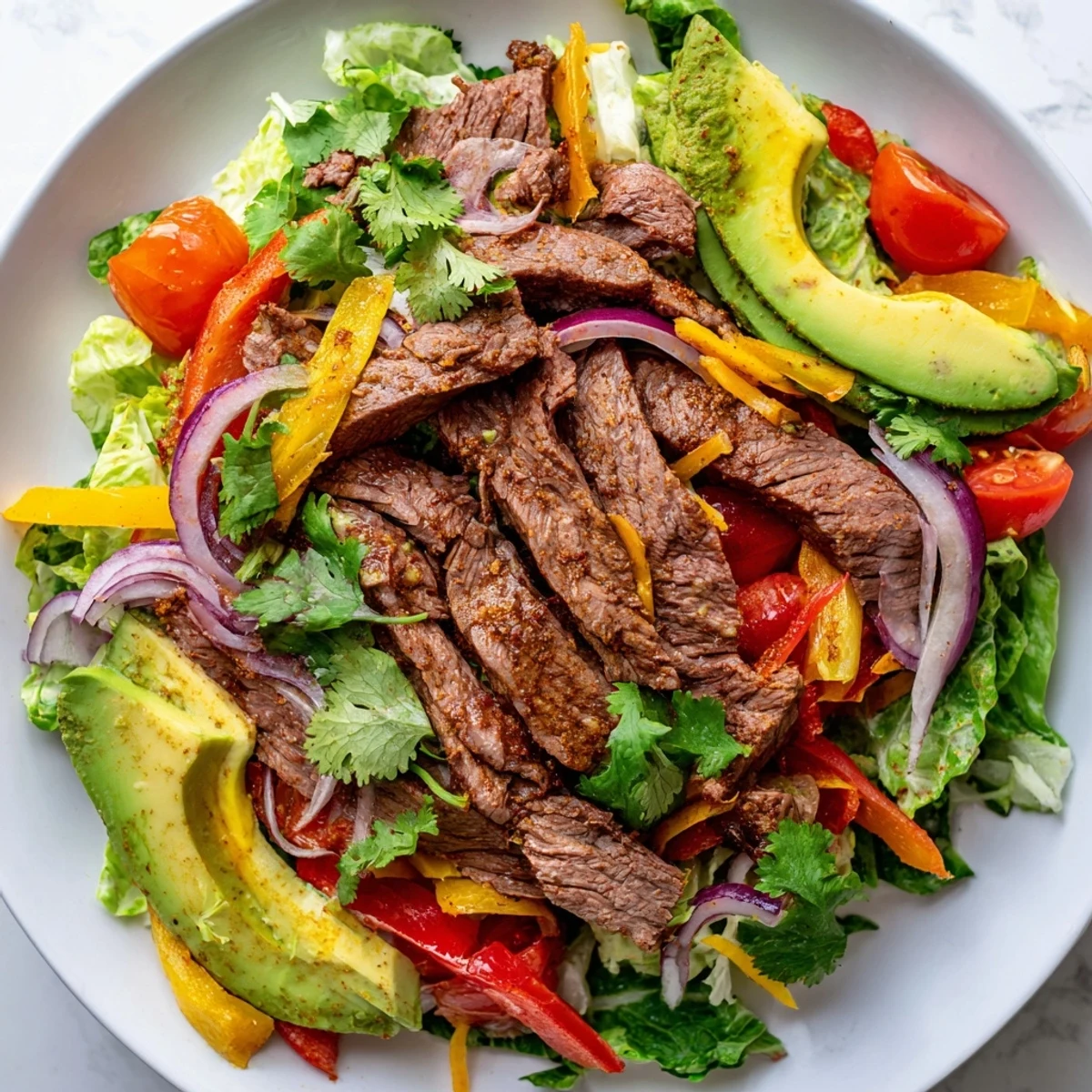 A close-up view shows warm beef nestled among fresh veggies, cherry tomatoes, and shredded cheddar, all drizzled with zesty lime dressing.  