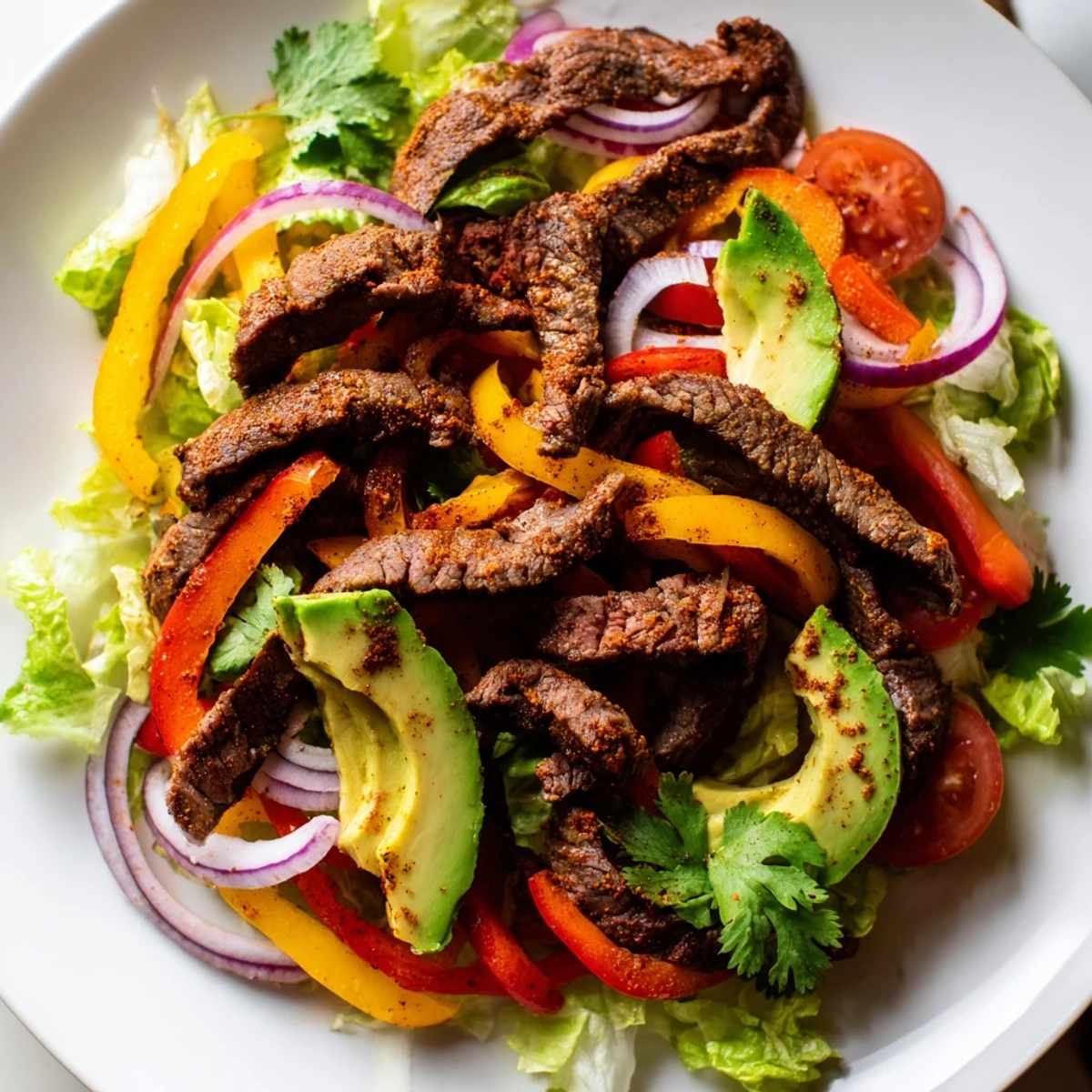 Served in a rustic bowl, this gluten-free Beef Fajita Salad with Lime Dressing includes cilantro garnish and a side of crunchy tortilla chips.