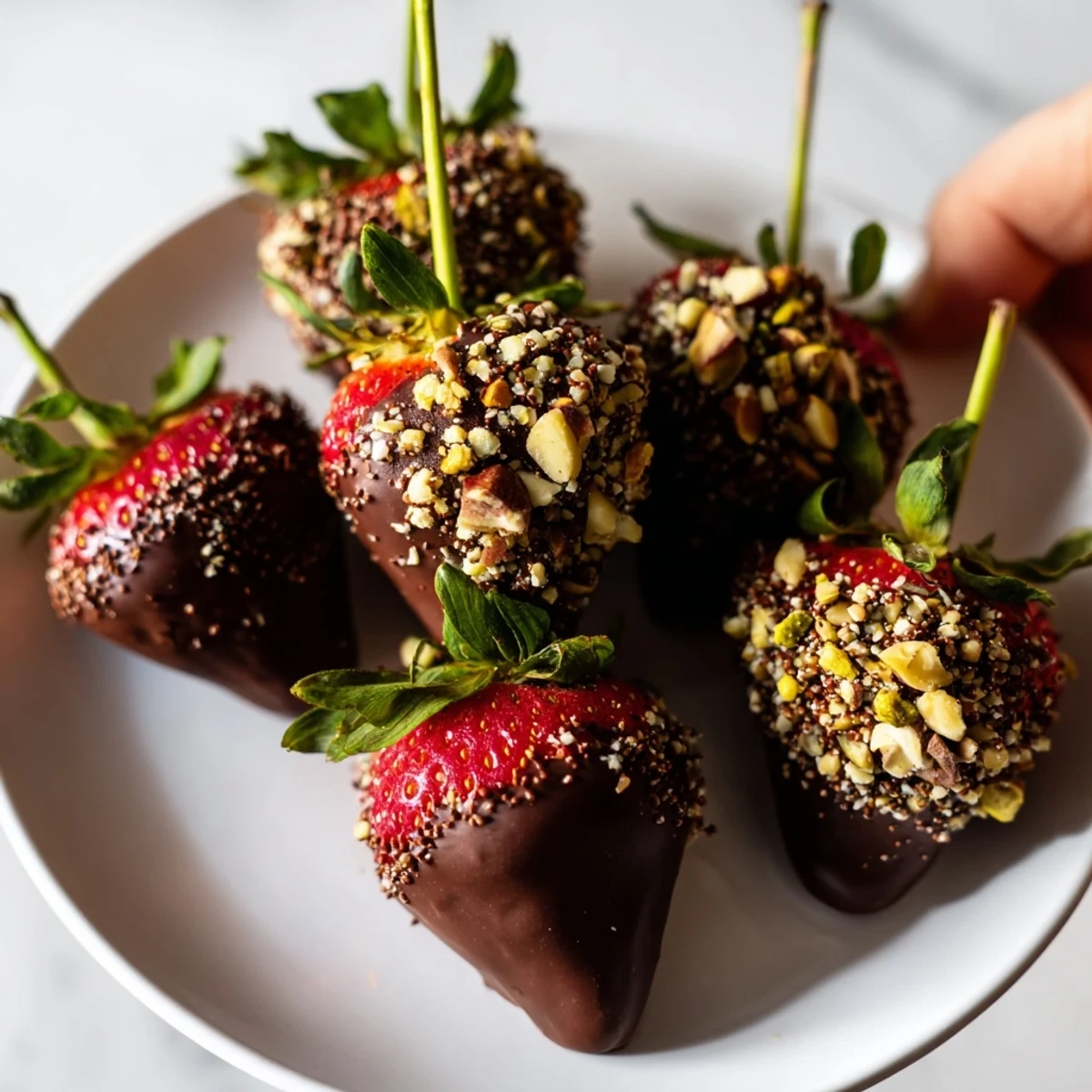 Savory pistachios and almonds add crunch to this elegant Chocolate Dipped Strawberries with Nuts dessert on a white plate.