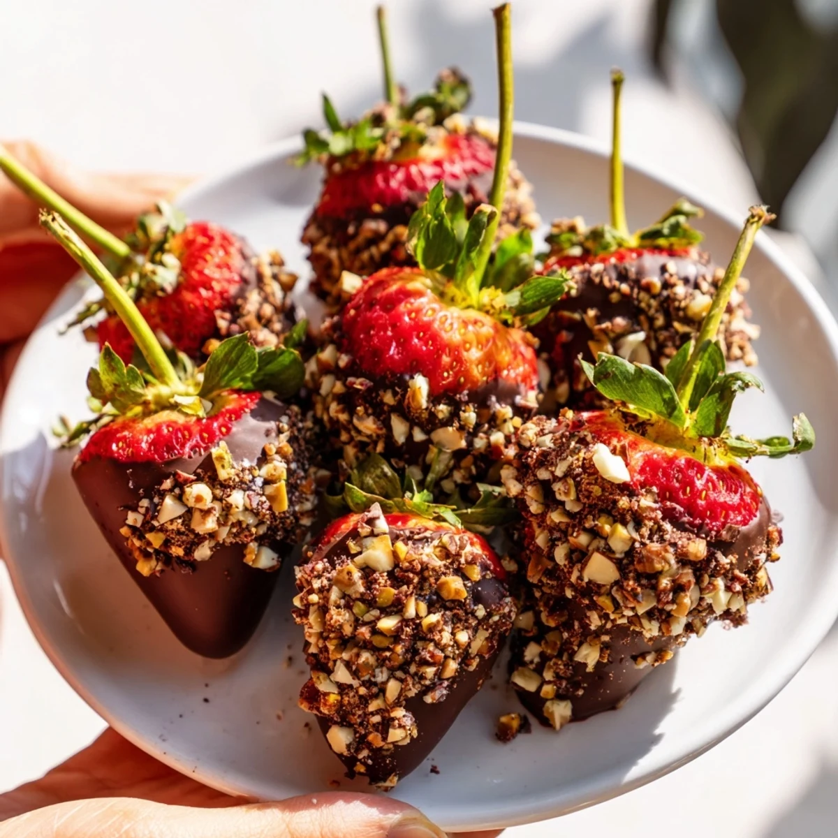 Rich dark chocolate coats plump red berries in this photo of easy Chocolate Dipped Strawberries with Nuts recipe.