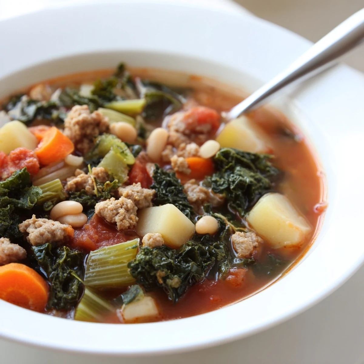A warm serving of Turkey Sausage and Kale Soup featuring tender kale leaves and hearty broth.