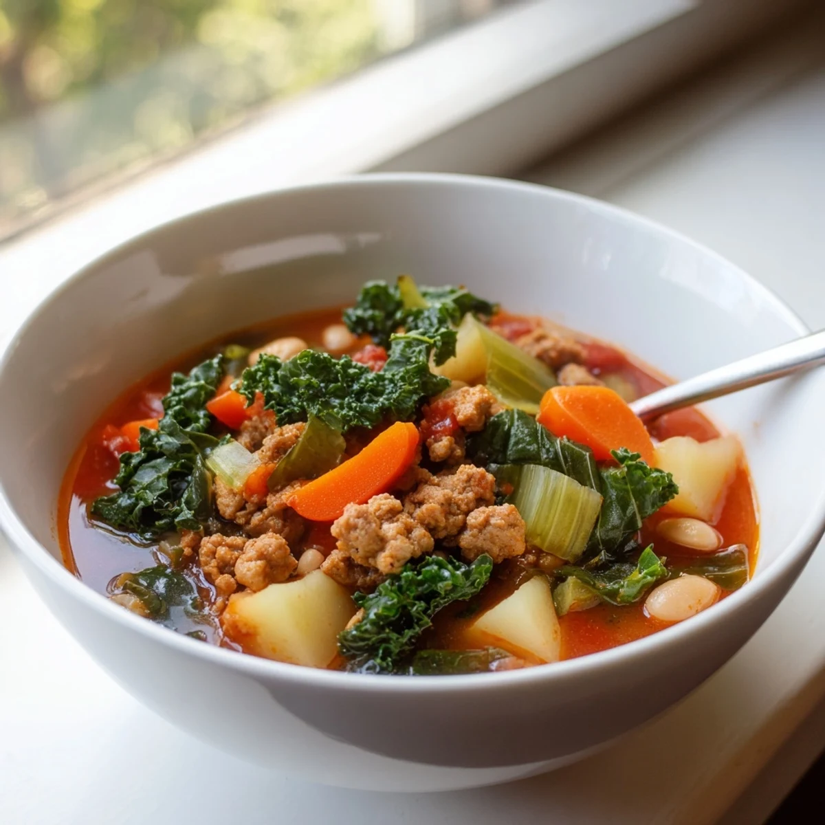 Close-up view of Turkey Sausage and Kale Soup with colorful carrots and savory sausage pieces.