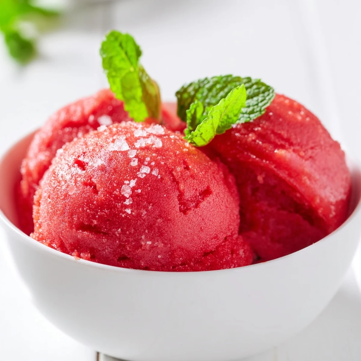 A scoop of Strawberry Lemonade Sorbet in a clear bowl with fresh mint and sliced strawberries garnish.