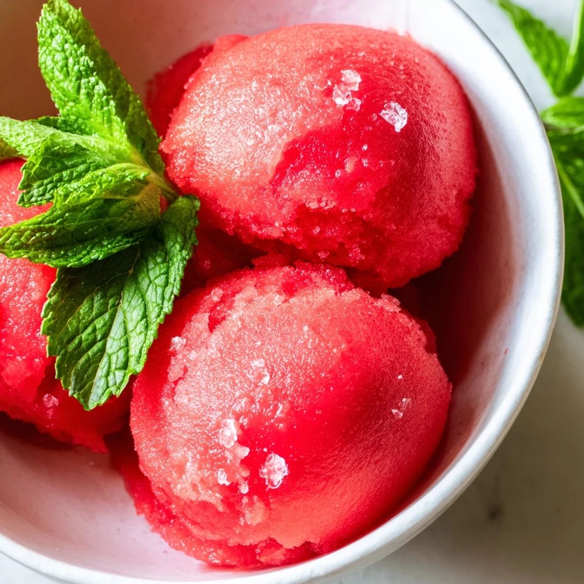 Brightly colored Strawberry Lemonade Sorbet melting slightly in a glass, garnished with a fresh lemon slice and mint.
