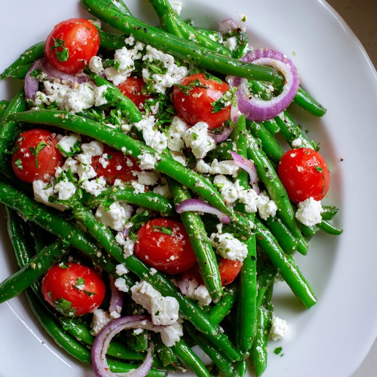 Bright green beans, cherry tomatoes, red onion, and creamy feta tossed in a zesty lemon dressing for a Mediterranean Green Bean Salad with Feta.