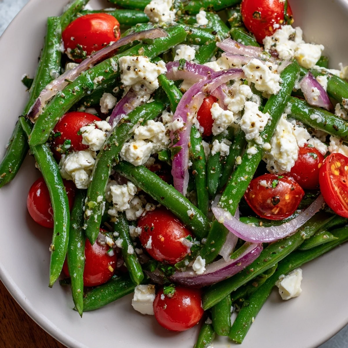 A refreshing Green Bean Salad with Feta combines crunchy beans, juicy tomatoes, and tangy feta, perfect as a light vegetarian lunch or side dish.