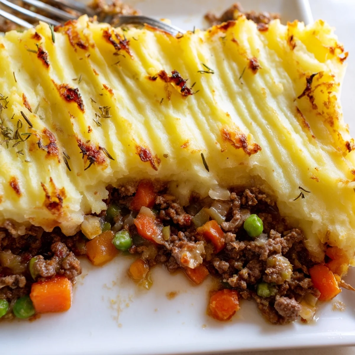 A close-up of Beef Shepherds Pie with Peas, showing golden ridged mashed potatoes covering a savory beef and peas filling in a ceramic baking dish.