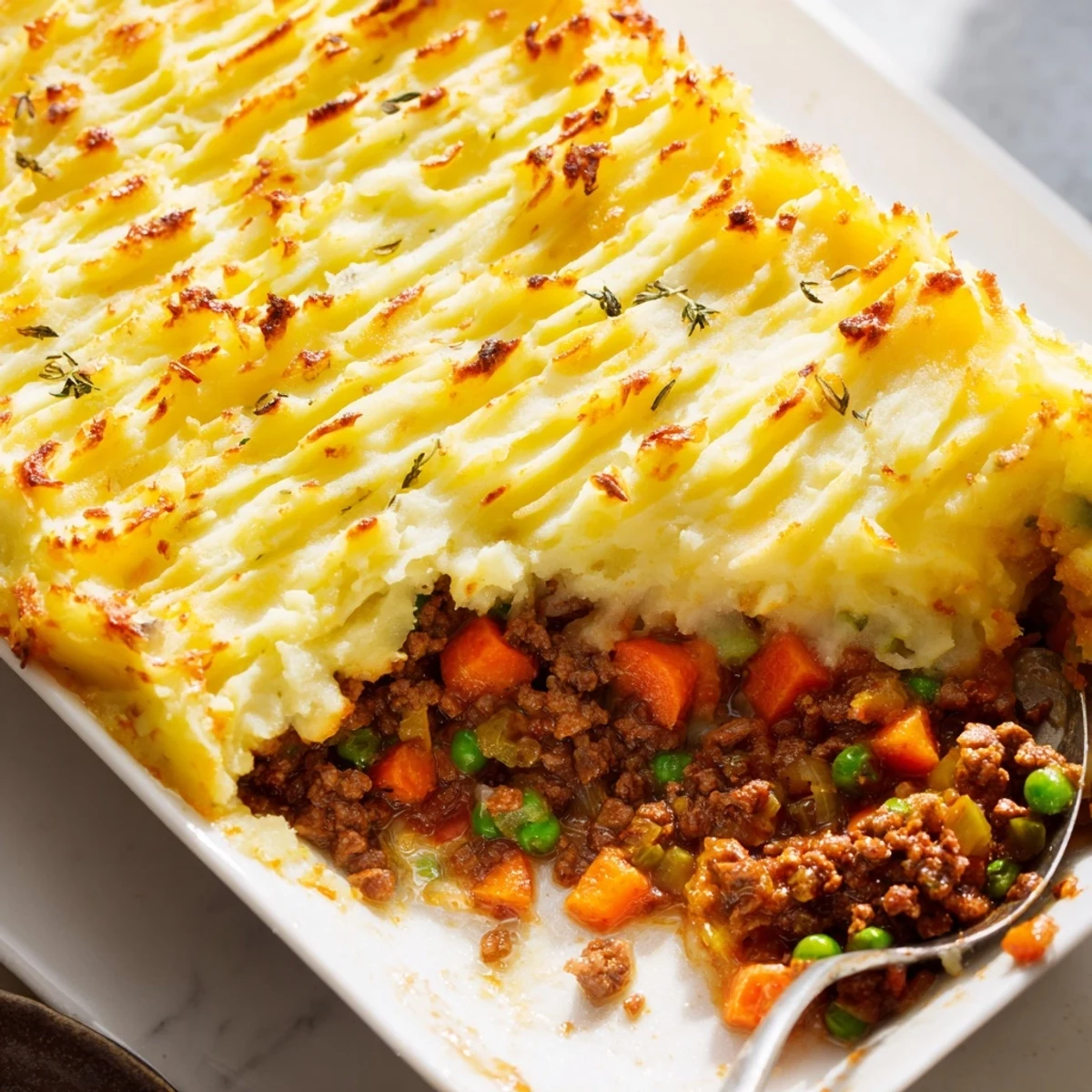 This hearty Beef Shepherds Pie with Peas features a bubbling beef filling with sweet peas under a creamy mashed potato crust, ready to serve.