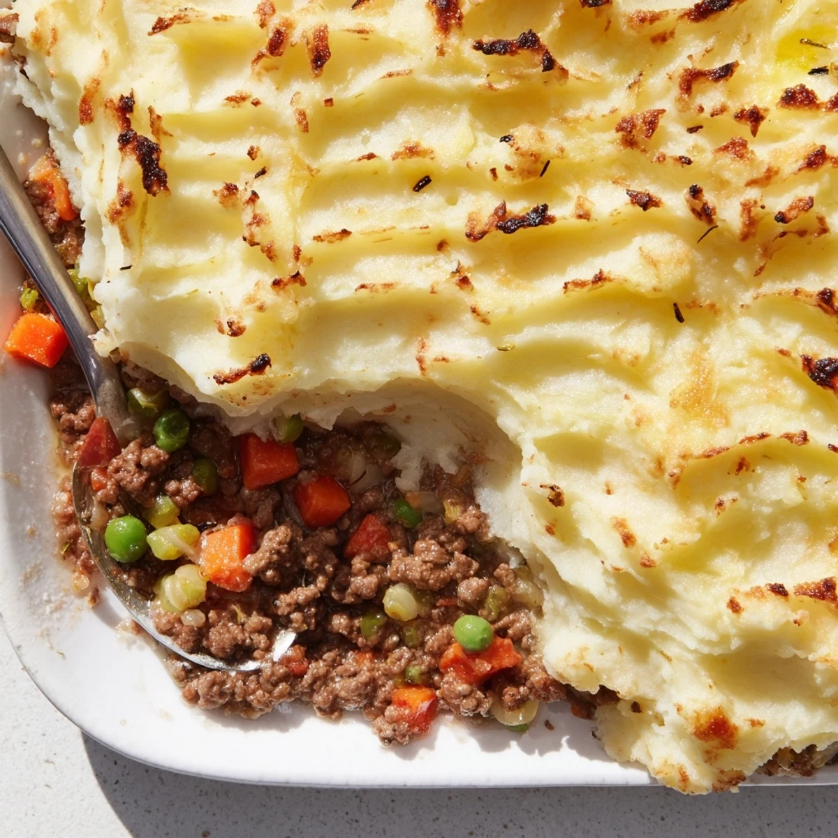 In a home kitchen, a freshly baked Beef Shepherds Pie with Peas reveals golden-brown potato peaks and a rich, meaty interior with peas.