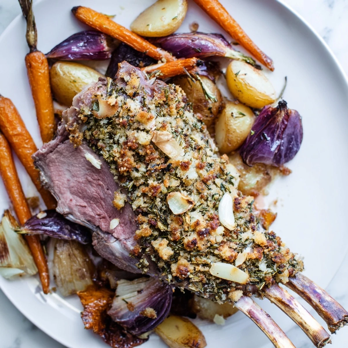 Juicy Roasted Lamb with Root Vegetables served on a platter with rosemary and thyme garnish, the lamb sliced to reveal tender pink meat.  