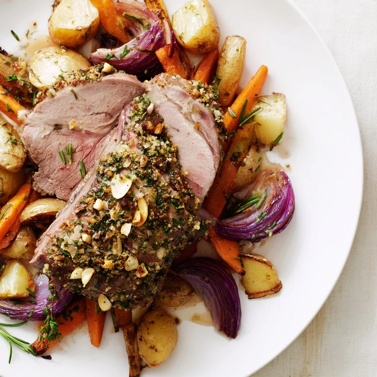 Golden Roasted Lamb with Root Vegetables rests in a rustic pan, featuring caramelized carrots, parsnips, and potatoes glistening with herb-infused juices.  