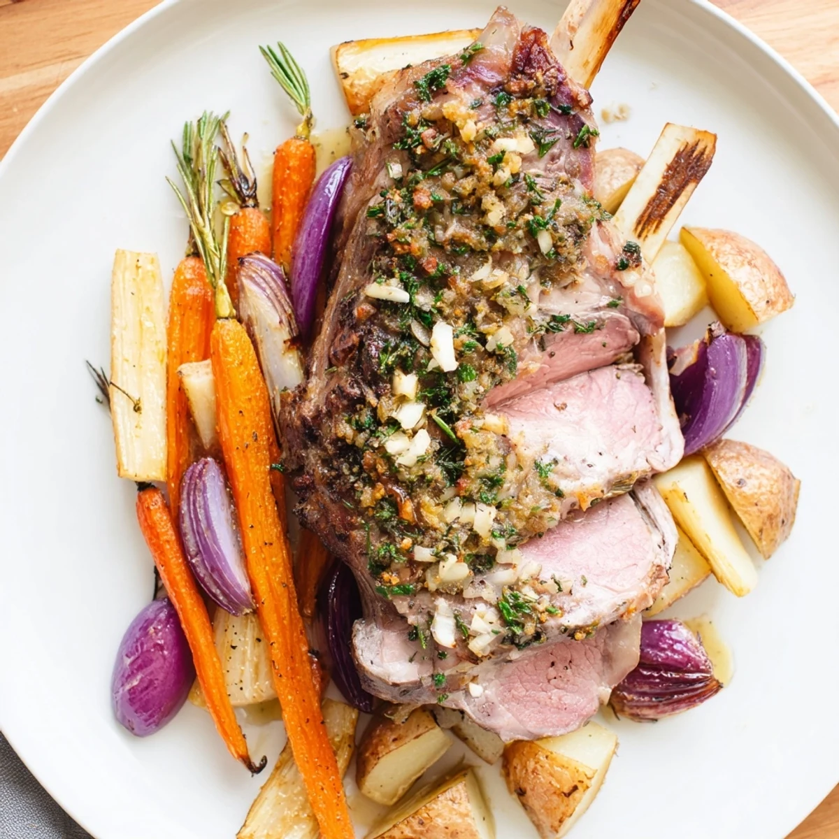 A warm family-style plate of Roasted Lamb with Root Vegetables, garnished with fresh parsley and lemon zest, ready for a comforting dinner.