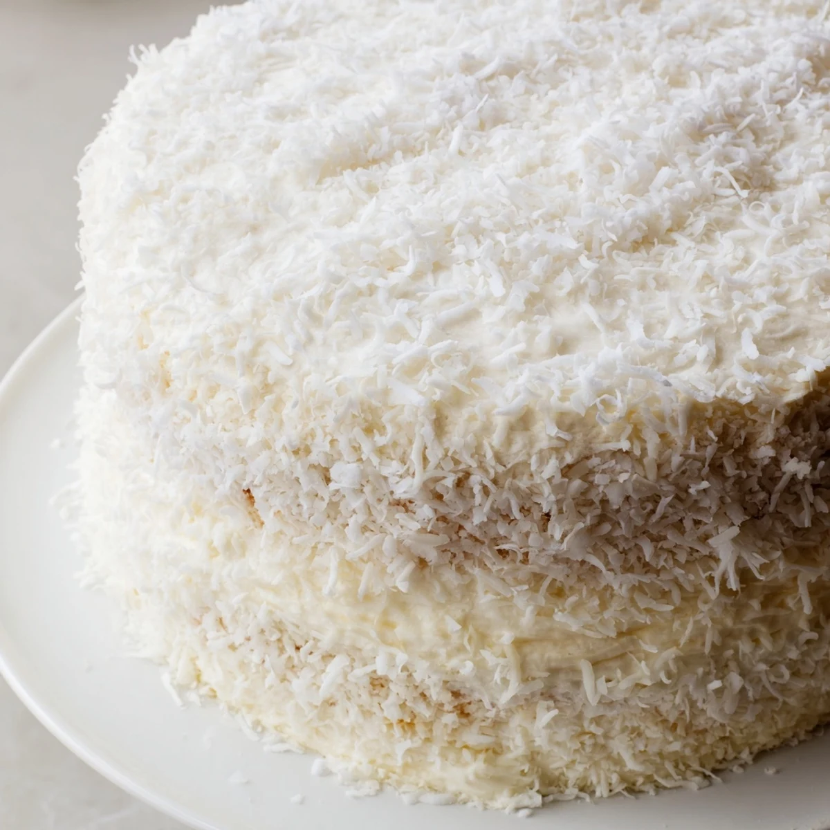 Frosted Easter Coconut Cake adorned with sweet shredded coconut and pastel candies on a white dessert plate.