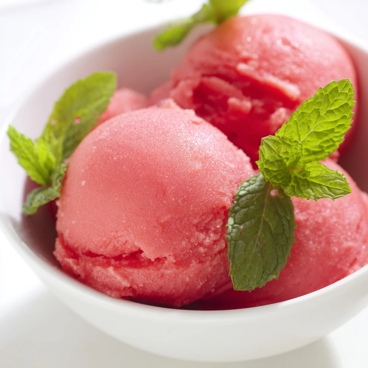 Creamy scoops of Strawberry Lemonade Sorbet with Mint in a glass bowl, garnished with fresh mint leaves and lemon slices.