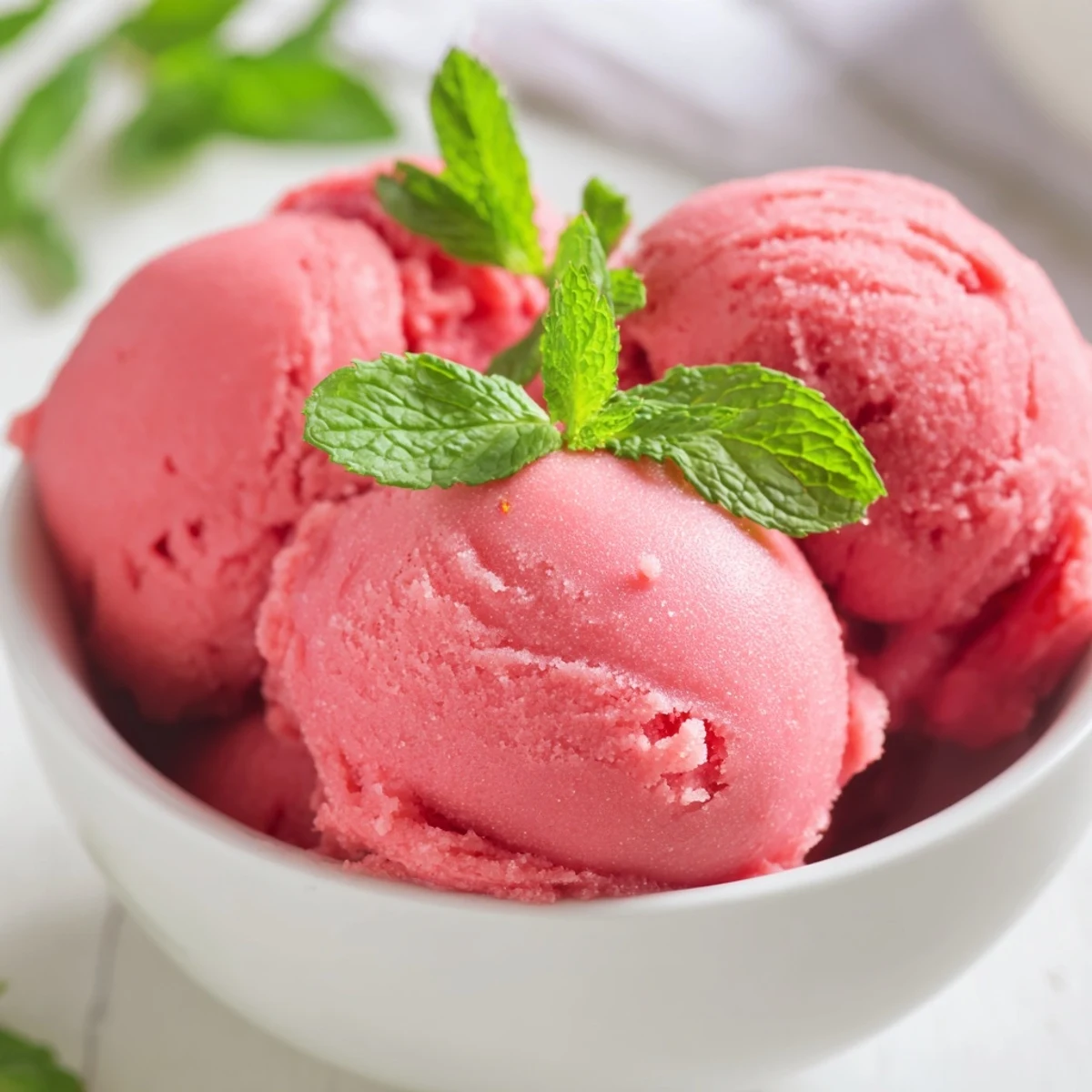 Close-up of Strawberry Lemonade Sorbet with Mint in a chilled bowl, topped with a sprig of mint for a summer treat.