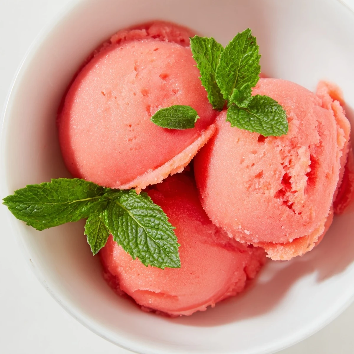 A vibrant serving of Strawberry Lemonade Sorbet with Mint, featuring a smooth texture and bright red hue in a dessert dish.